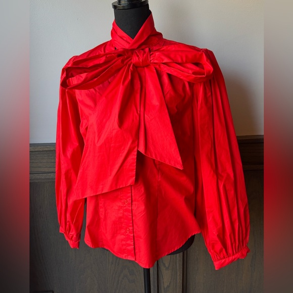 New York & Company Red Tie-Neck Balloon Sleeve Blouse NWT Medium - Picture 2 of 8